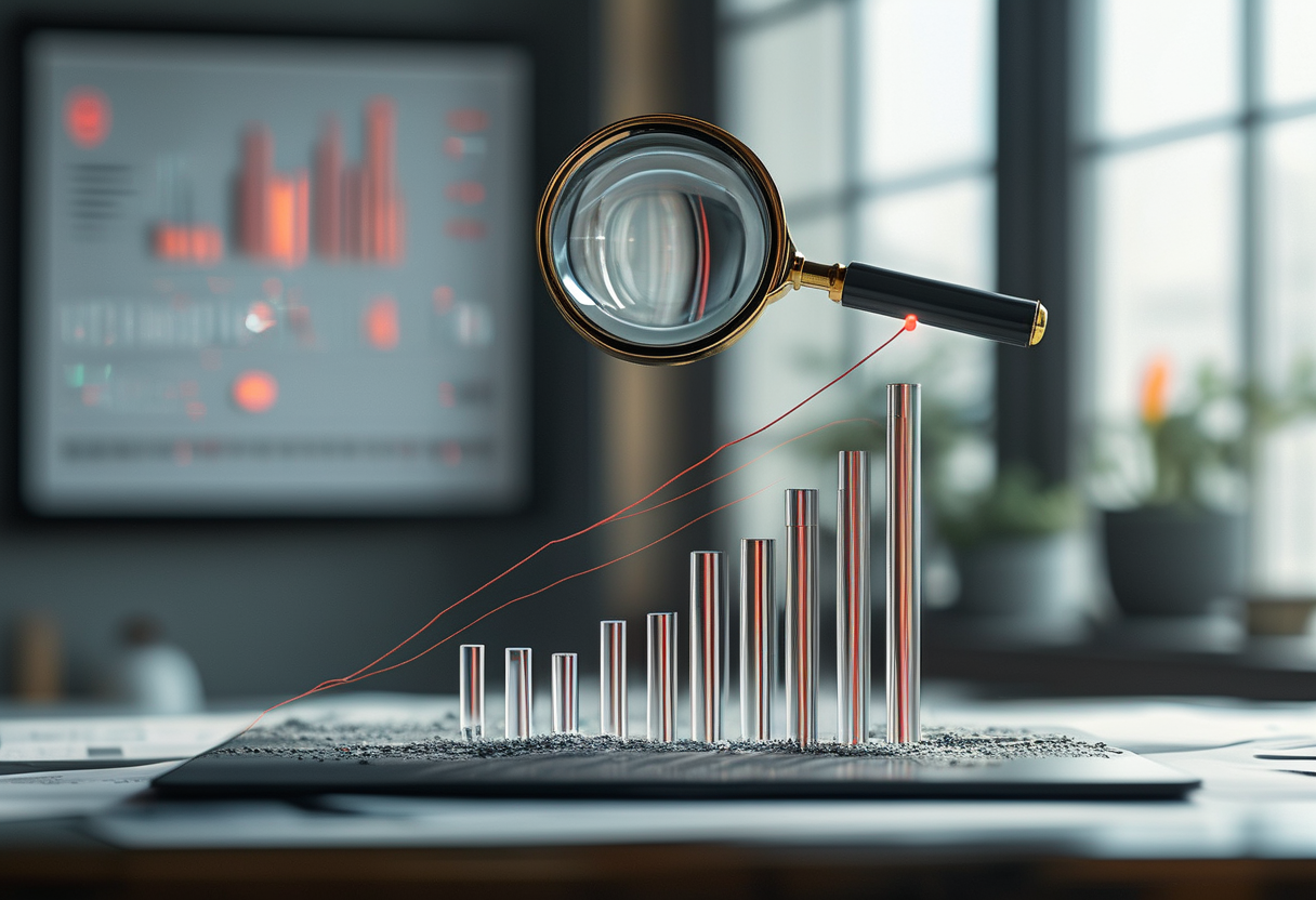 A calm, editorial illustration of a magnifying glass hovering over a bar chart trending