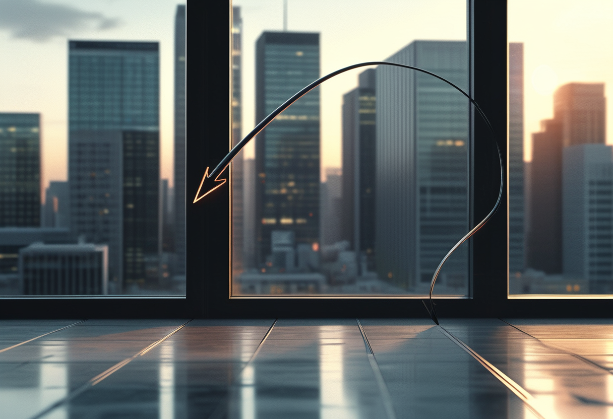 A calm, editorial illustration of two arrows forming a boomerang shape, one leaving a o