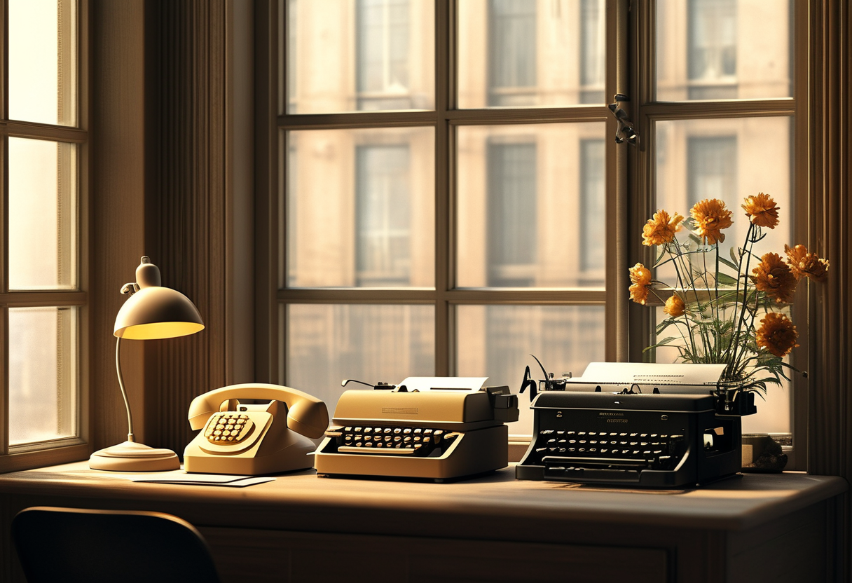 A quiet, editorial-style illustration of a vintage office telephone switchboard and a typewriter fading into soft focus…