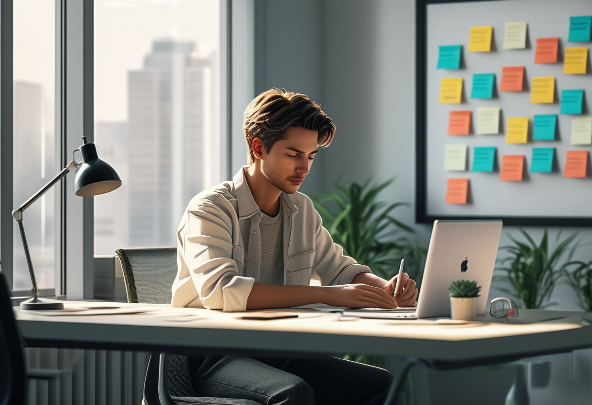 A calm, focused illustration of someone thoughtfully organizing sticky notes labeled with single words on a clean desk…