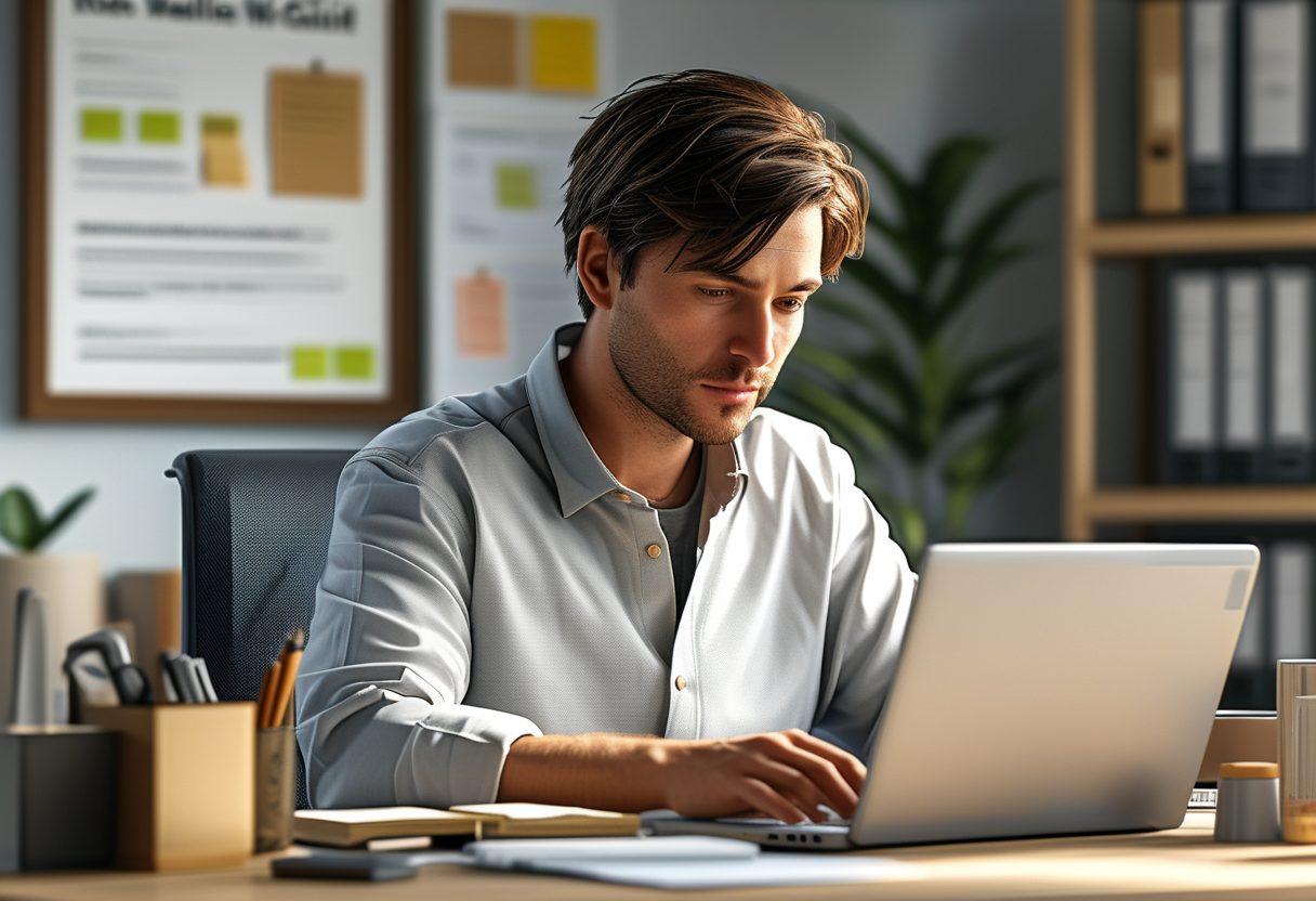 A calm, focused illustration of someone at a clean desk working through a short list of daily tasks with a laptop and…