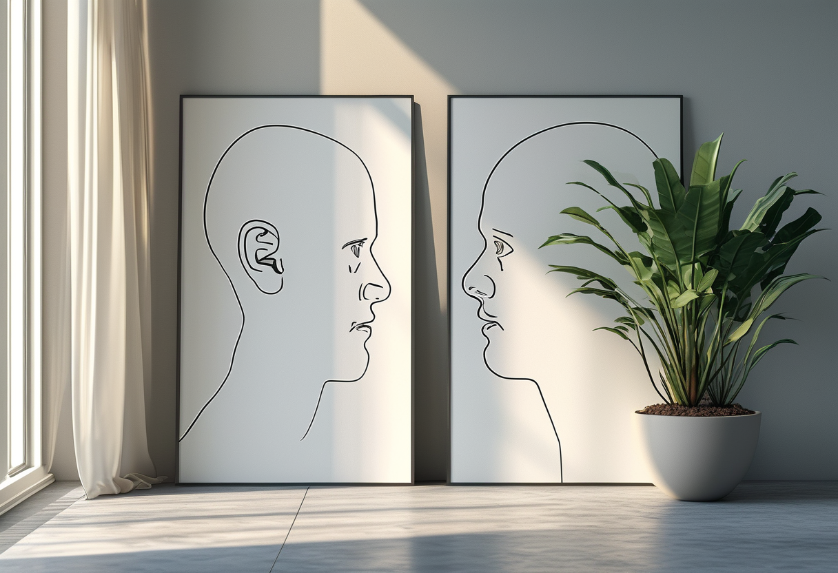 A calm, split-composition illustration of two identical blank resume-page outlines side by side under soft studio…