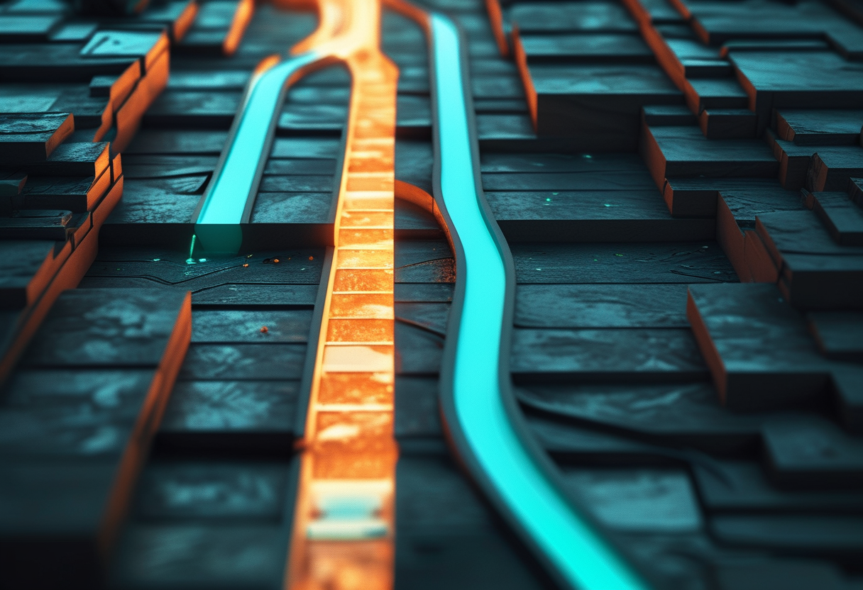 A conceptual editorial illustration of a fork in a glowing path — one branch a short, straight, single step and the…