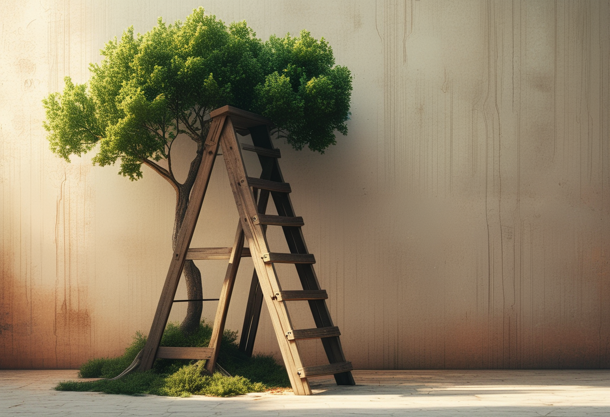 A minimalist editorial illustration of a tall wooden ladder leaning against a growing green tree, with the lowest two…