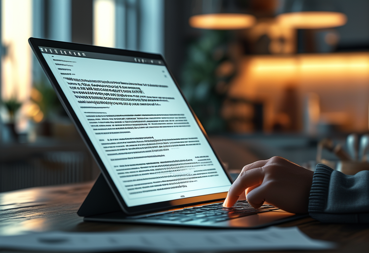 A warm, focused illustration of a single hand editing one highlighted line of text on a glowing page while the rest of…