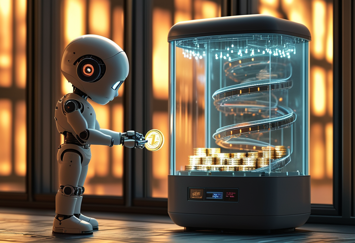 A stylized editorial illustration of a small human figure placing a single glowing token into a large transparent…