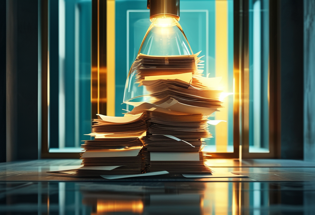 A conceptual editorial illustration of a tall stack of paper resumes passing through a translucent glass funnel that…