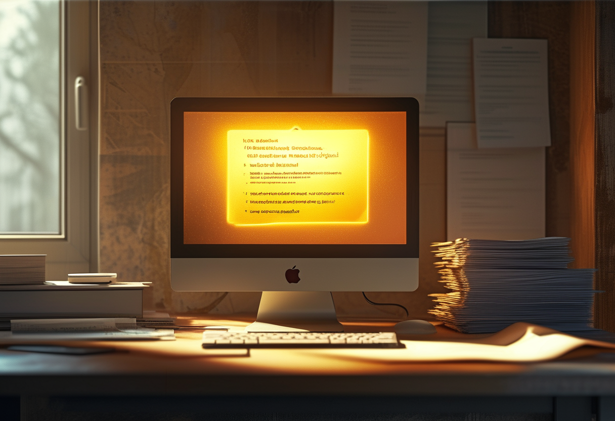 A calm, focused editorial illustration of a single glowing text cursor blinking inside an open text box on a warm-toned…