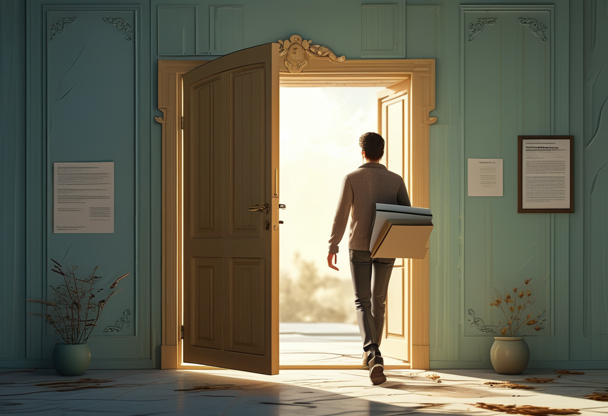 A warm, encouraging editorial illustration of a person's silhouette confidently walking through an open doorway toward…